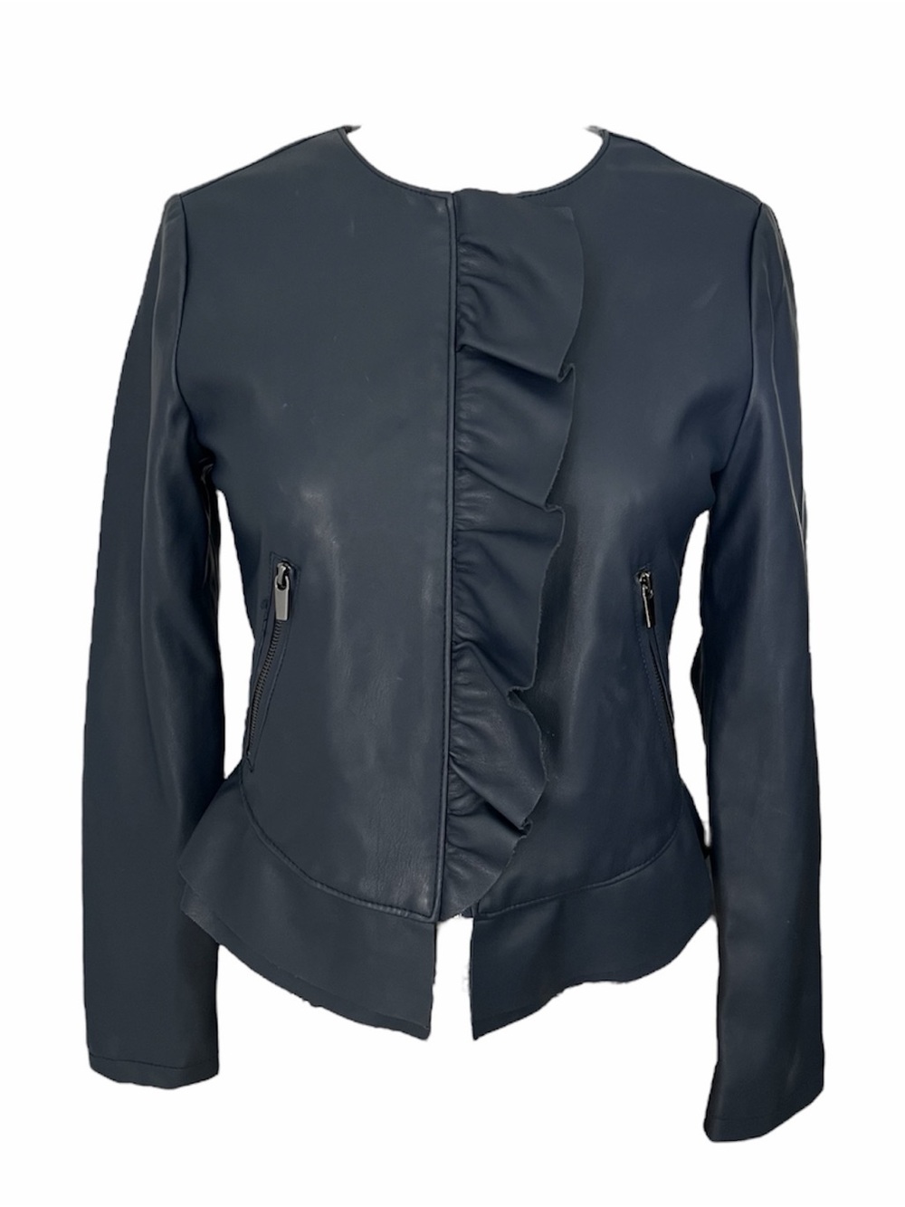 Zara Ruffled Navy Pleather Jacket - Picture 2 of 5